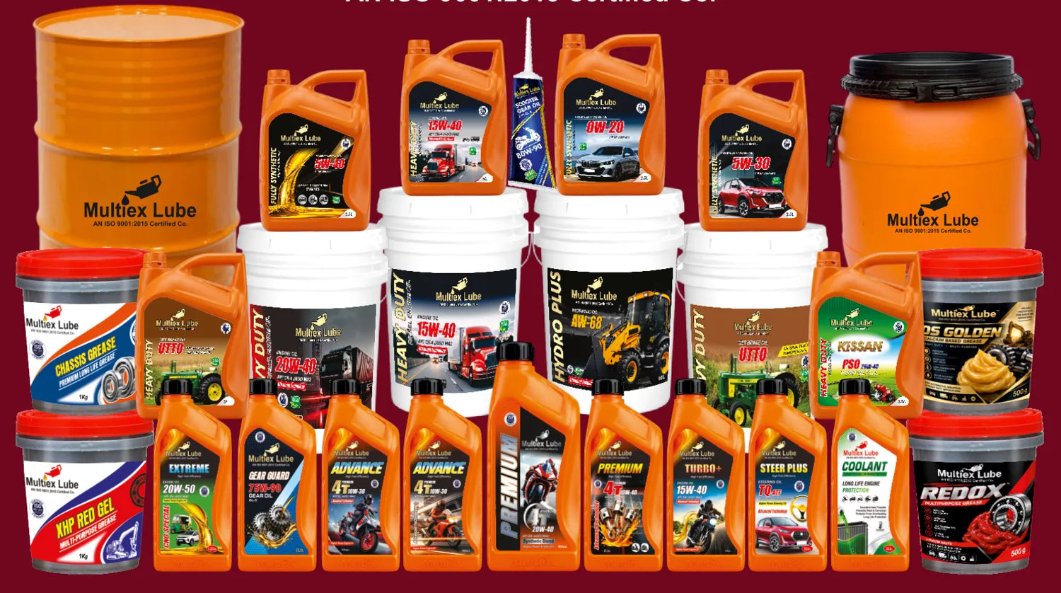 The complete Multiex Lube range of engine oils, gear oils, hydraulic oil, coolants and greases